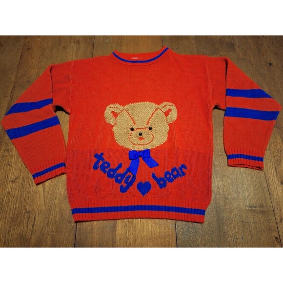 Vintage 80/90s Jet Set Sweaters Teddy Bear Kids Sz L (14) USA Made Red/Blue - Picture 1 of 10